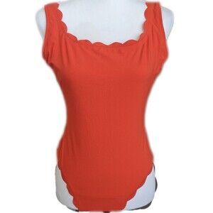 J. Crew orange/coral one piece swimsuit, built in bra, scalloped edges, 6
